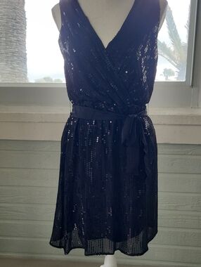 Sleeveless Black Sequin Wrap Mini Dress with Tie Waist